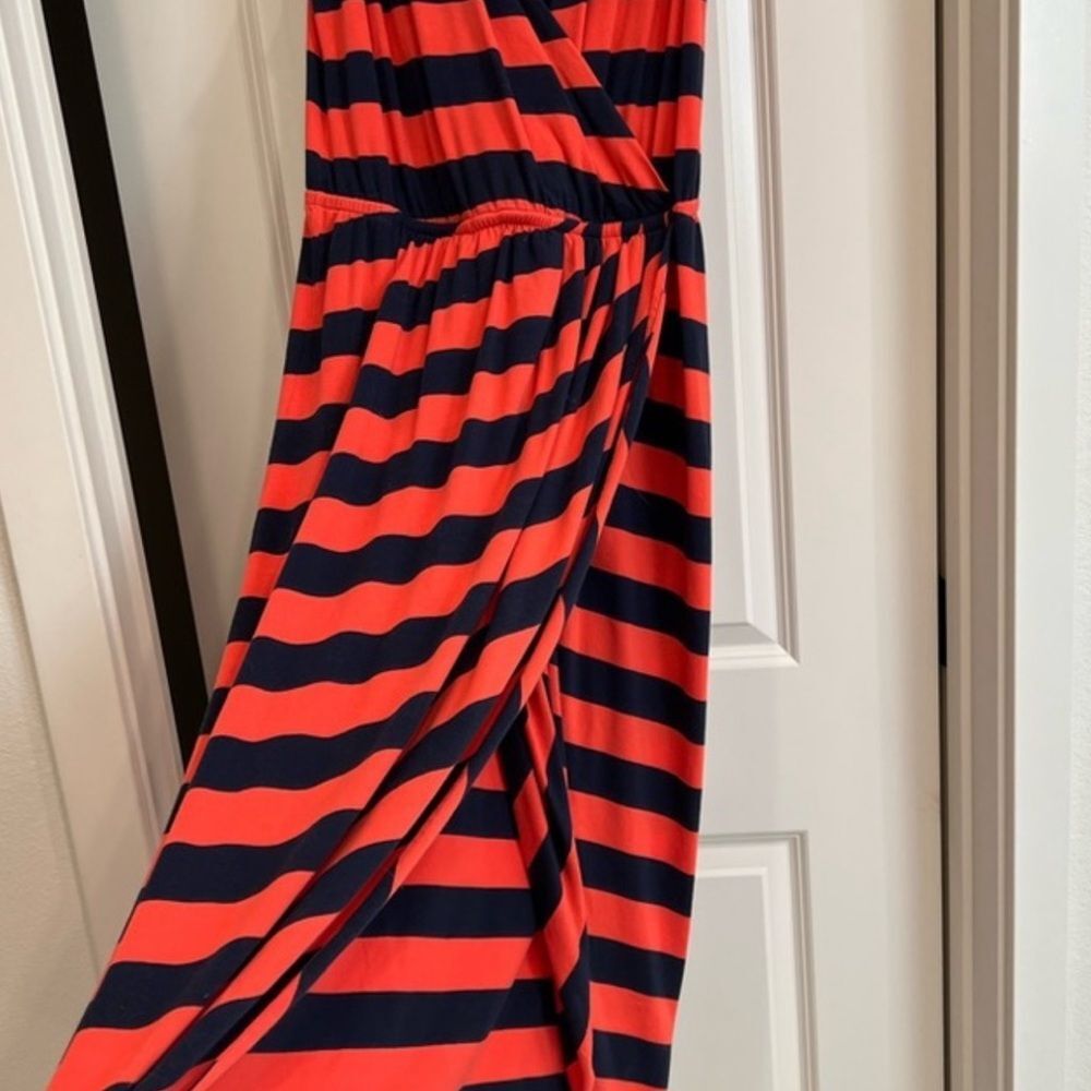 Lilla P Asymmetrical Dress in Coral and Navy Stripes‎